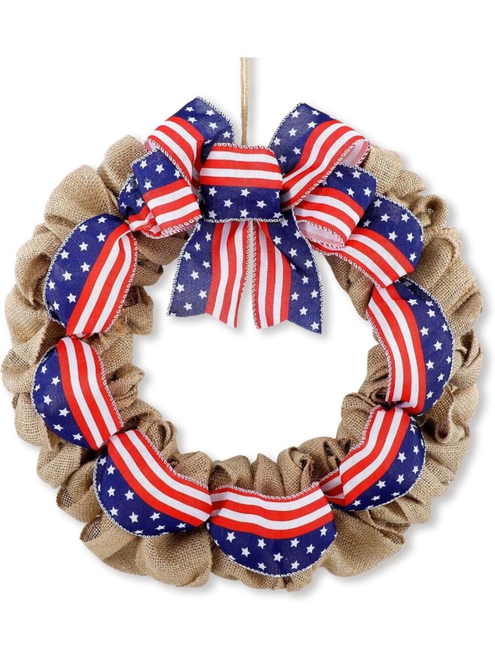 Patriotic 16-Inch Rustic Burlap Wreath for Front Door - 4th of July Decor, Red